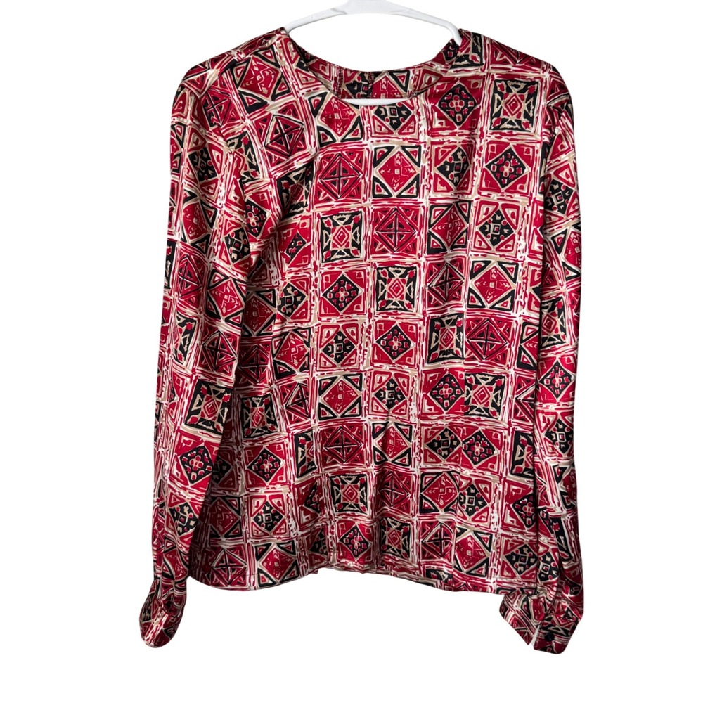 Christie &‎ Jill Vintage Red Geometric Tile Print Button Back Blouse Size 8 USA